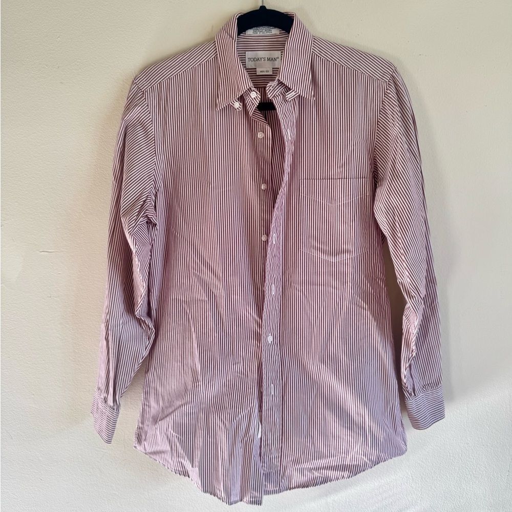 Red white pinstriped broadcloth casual button down long sleeve cotton shirt